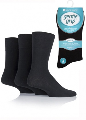 Mens 3 pack Gentle Grip Diabetic Socks Plain Black